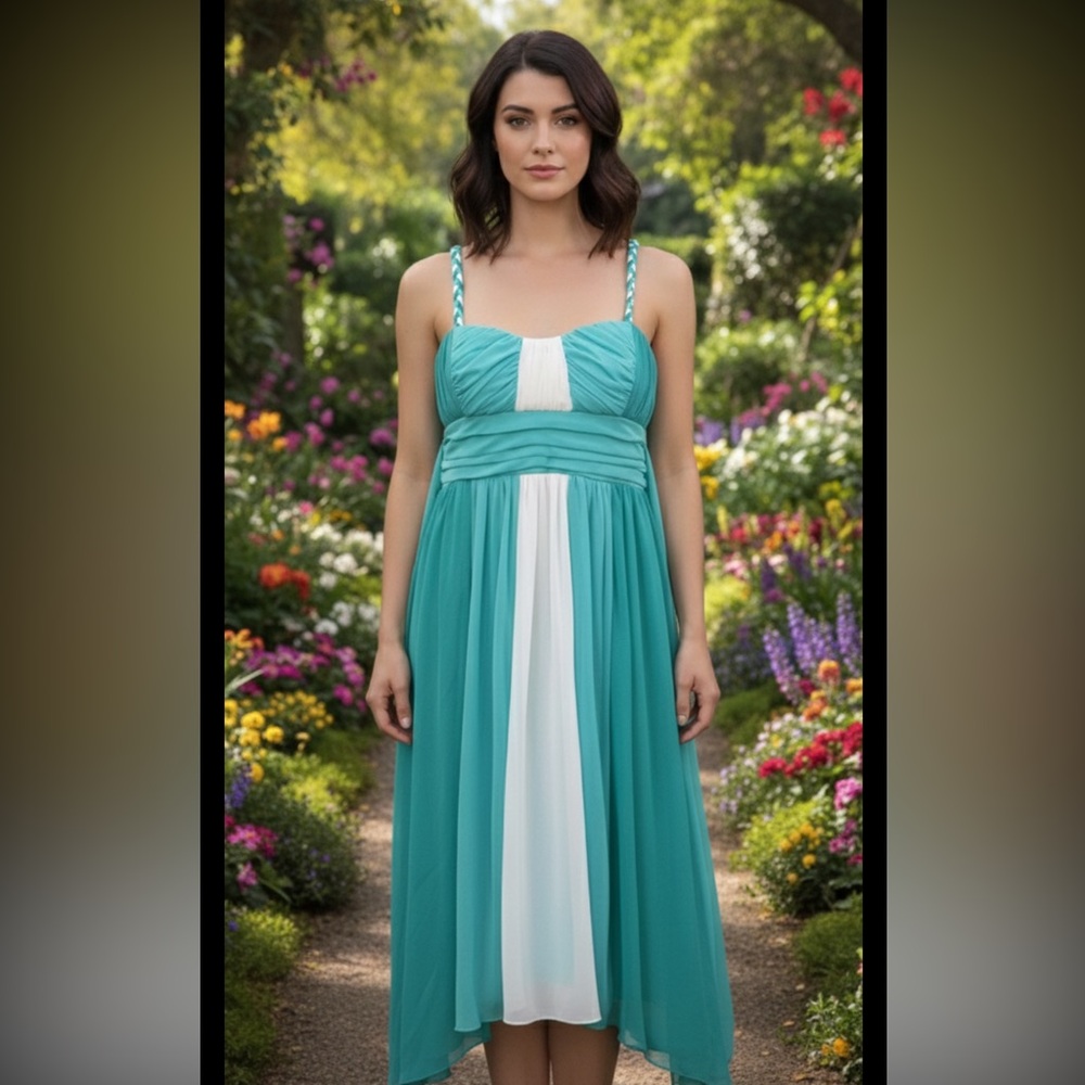 INTRIGUE green w white center stripe color block braid strap asymmetric dress,M